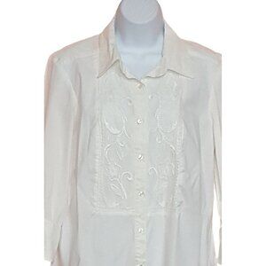 Sag Harbor Womens Blouse M White Embroidered Lace Inset Button Roll Cuff Sleeve